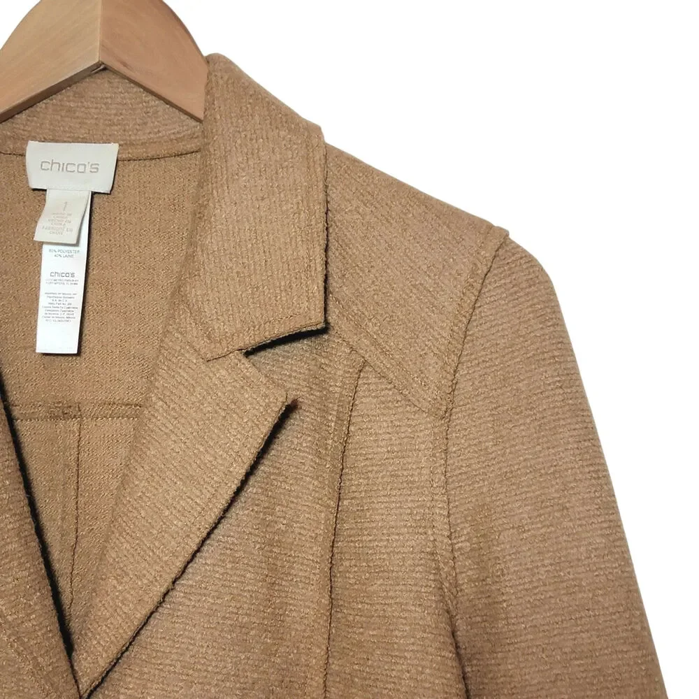 Chico's Wool Blend Tailored Blazer Jacket Button Front Camel Tan Size 1 Medium - Picture 3 of 14